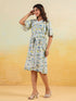 Janasya Women's Off White Linen Cotton Floral Printed A-line Dress